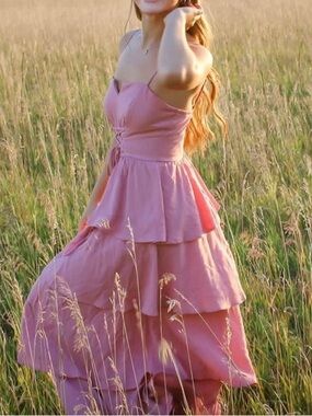 Audrey Parks Francesca’s Bodice Pink Ruffle Tiered Maxi Dress Women’s Medium